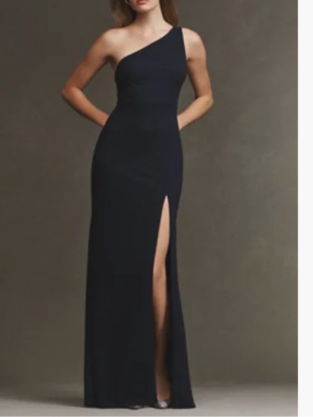 BHLDN black Hallie crepe stretch one shoulder gown side slit sz XL bridesmaid